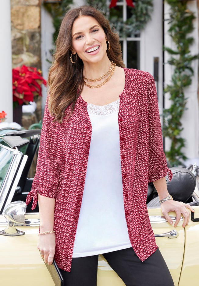 Georgette Buttonfront Tie Sleeve Cafe Blouse image number 1