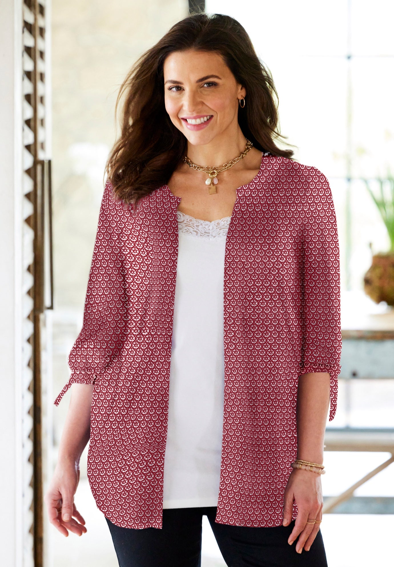 Georgette Buttonfront Tie Sleeve Cafe Blouse image number 1