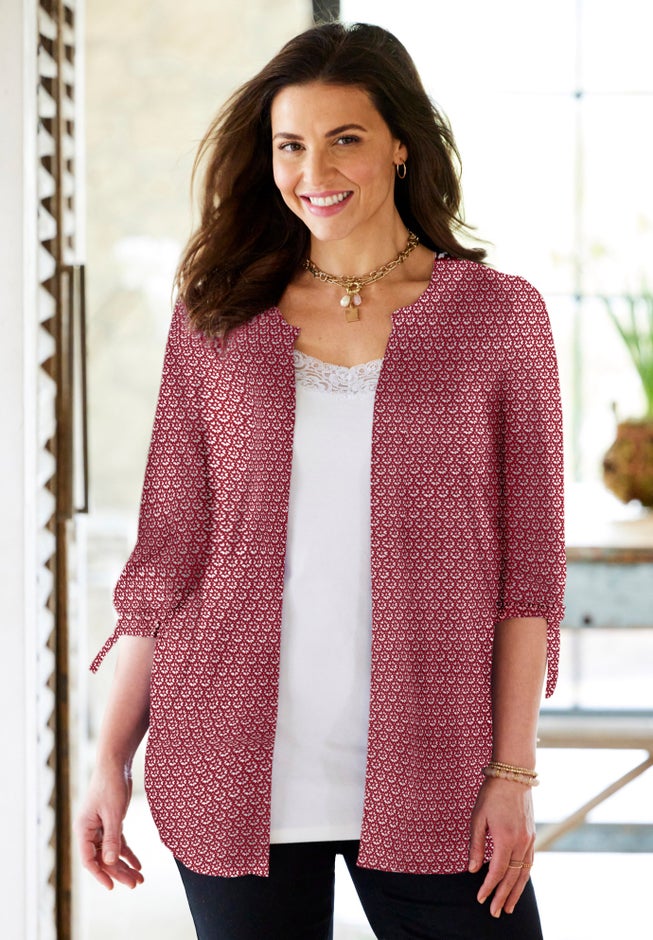 Georgette Buttonfront Tie Sleeve Cafe Blouse image number 1