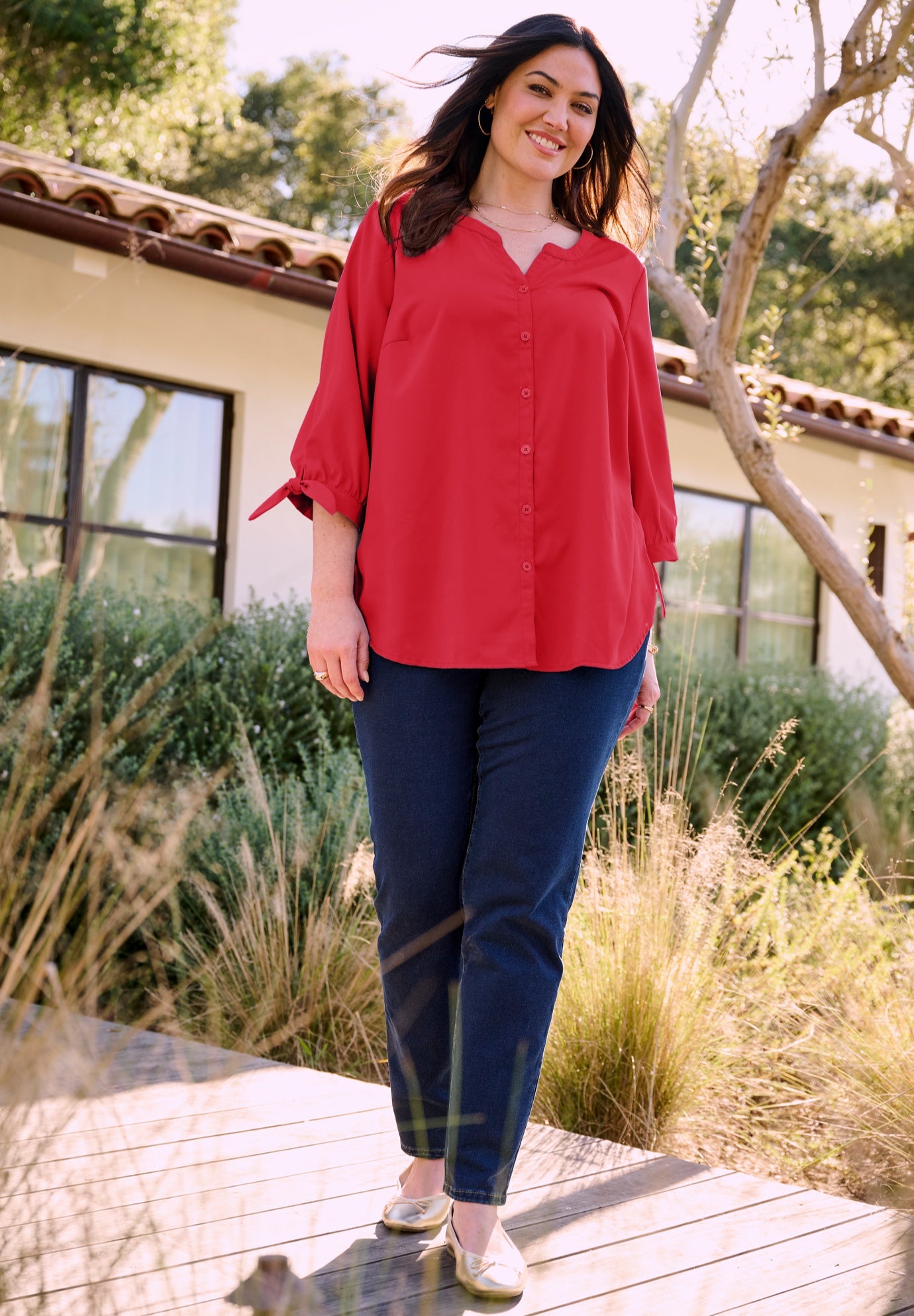 Georgette Buttonfront Tie Sleeve Cafe Blouse image number 1