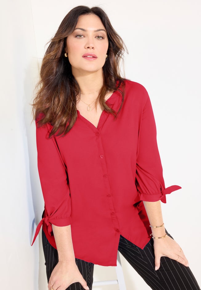 Georgette Buttonfront Tie Sleeve Cafe Blouse image number 2
