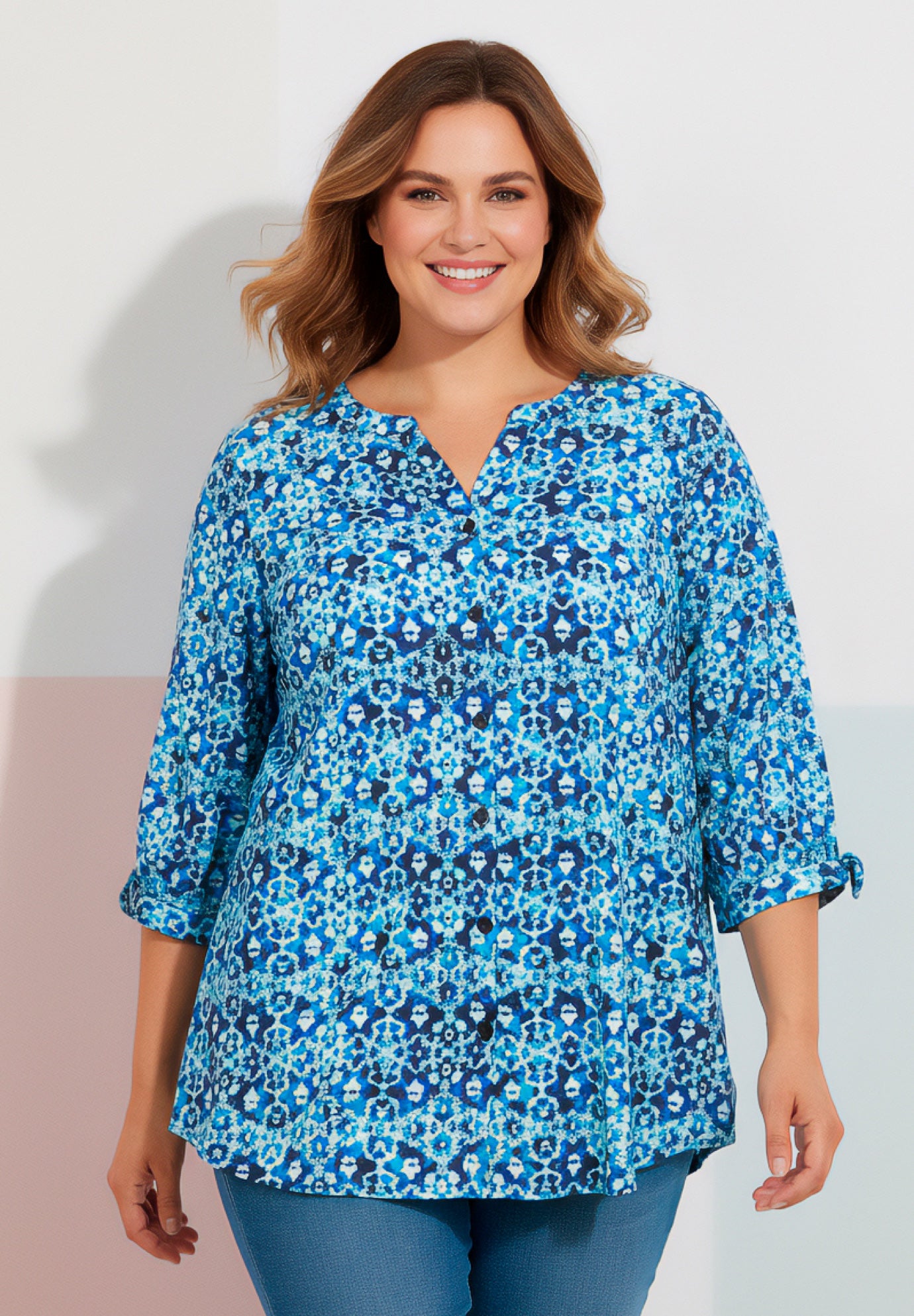 Georgette Buttonfront Tie Sleeve Cafe Blouse image number 3