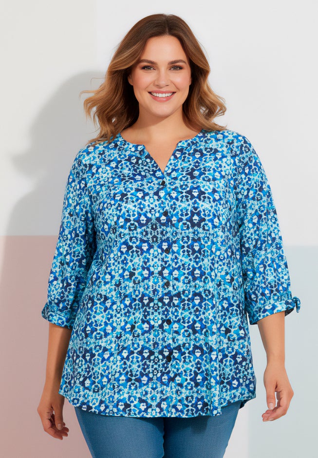 Georgette Buttonfront Tie Sleeve Cafe Blouse image number 3