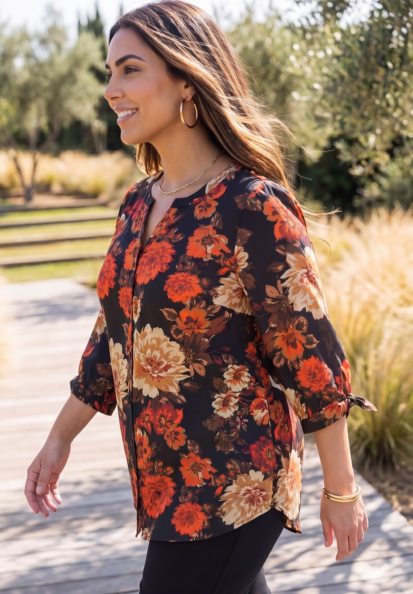 Georgette Buttonfront Tie Sleeve Cafe Blouse image number 2