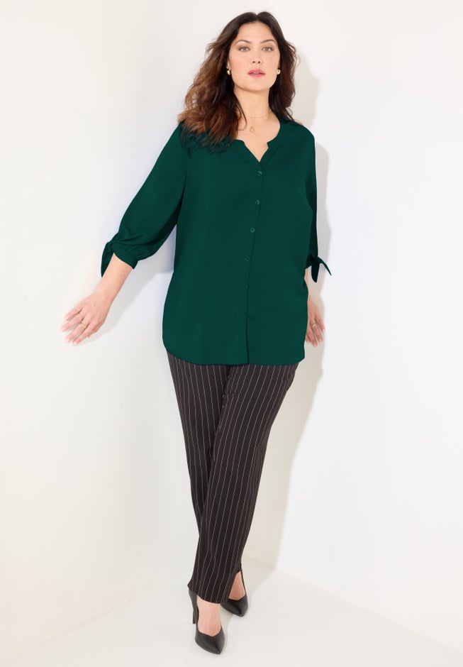 Georgette Buttonfront Tie Sleeve Cafe Blouse image number 1