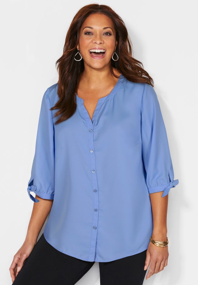 Georgette Buttonfront Tie Sleeve Cafe Blouse image number 5