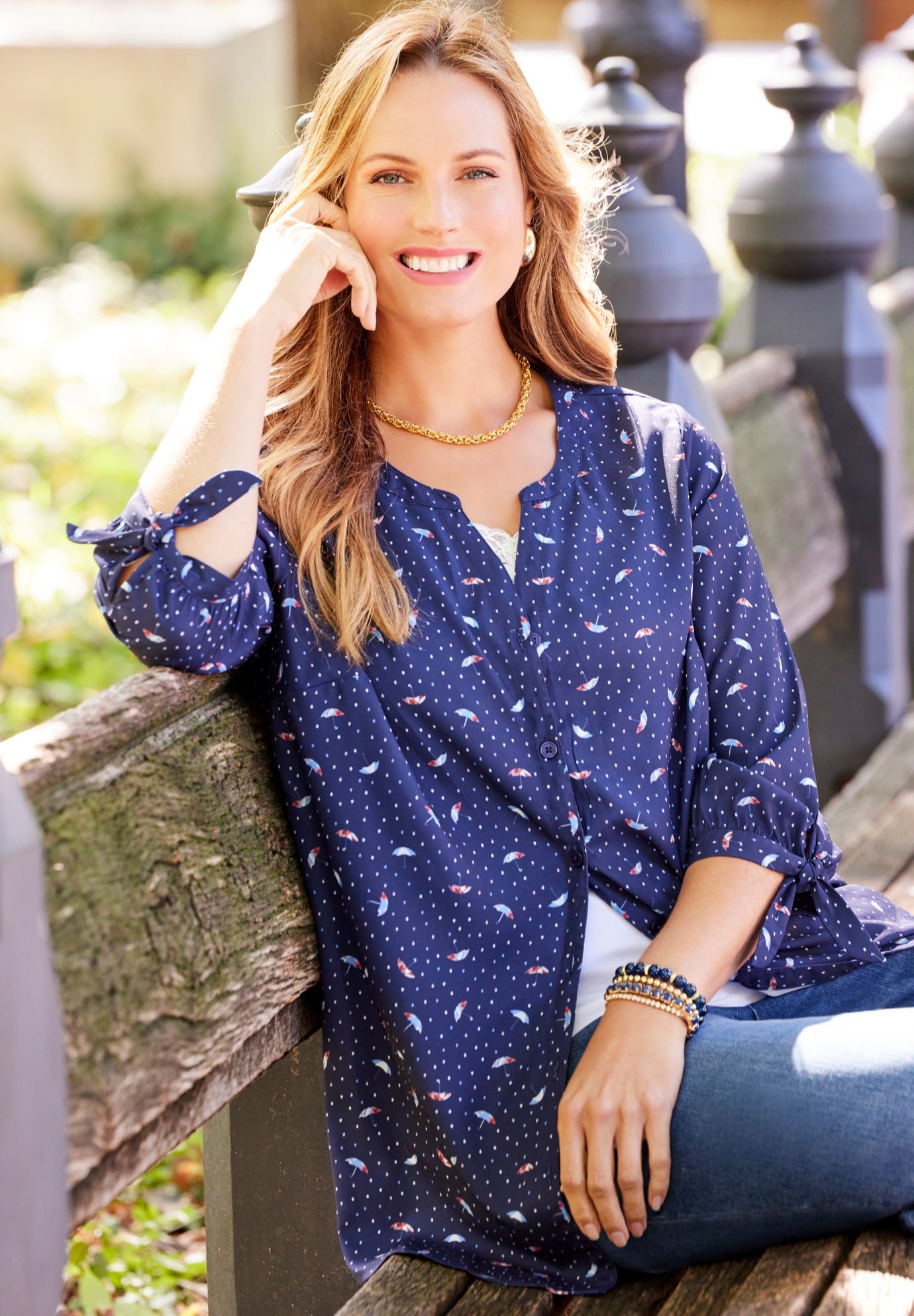 Georgette Buttonfront Blouse with Tie Sleeve, Animal Print