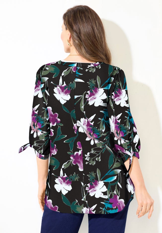 Georgette Buttonfront Tie Sleeve Cafe Blouse image number 1