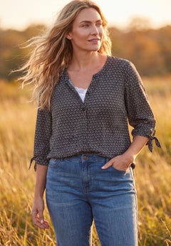 Georgette Buttonfront Tie Sleeve Cafe Blouse