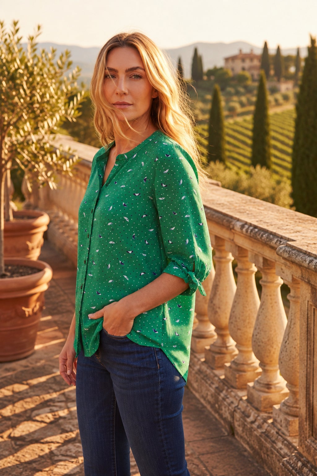 Georgette Buttonfront Tie Sleeve Cafe Blouse image number 1