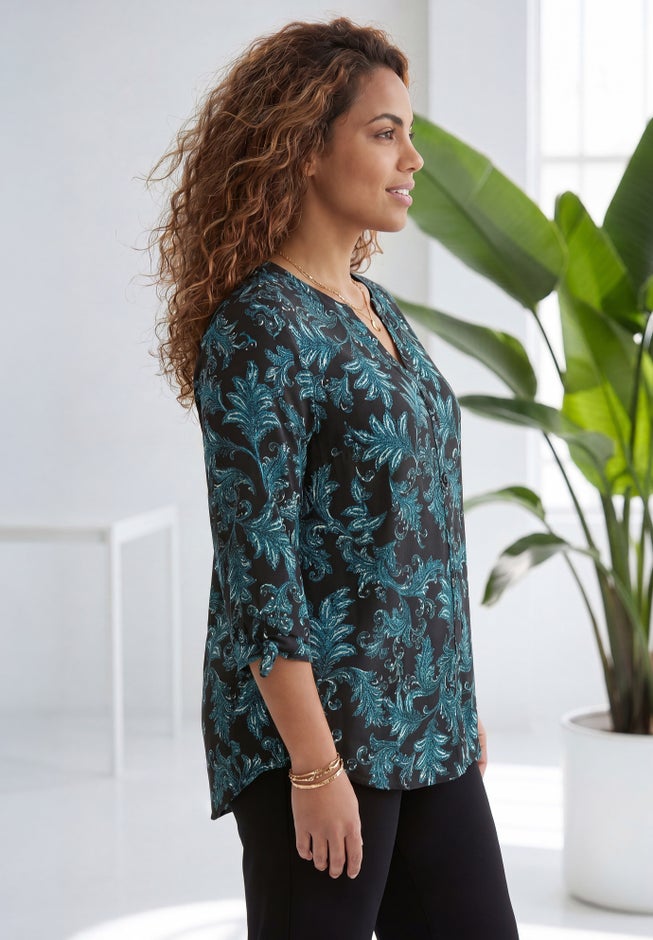Georgette Buttonfront Tie Sleeve Cafe Blouse image number 2