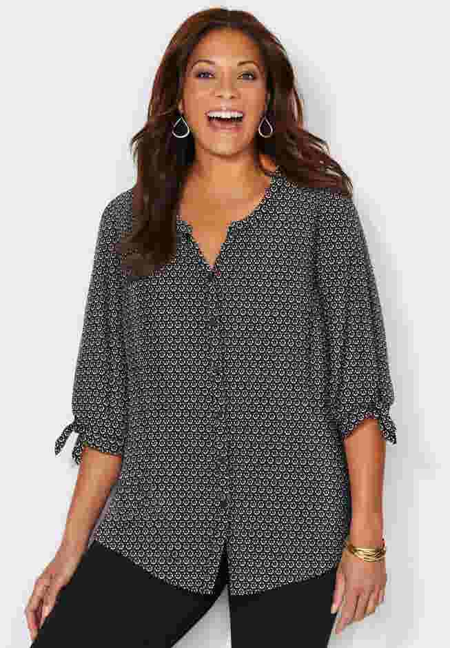 Georgette Buttonfront Tie Sleeve Cafe Blouse image number 0