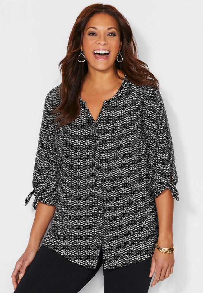 Georgette Buttonfront Tie Sleeve Cafe Blouse image number 0