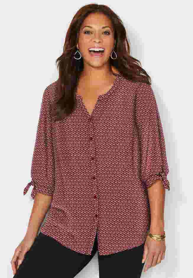 Georgette Buttonfront Tie Sleeve Cafe Blouse image number 0
