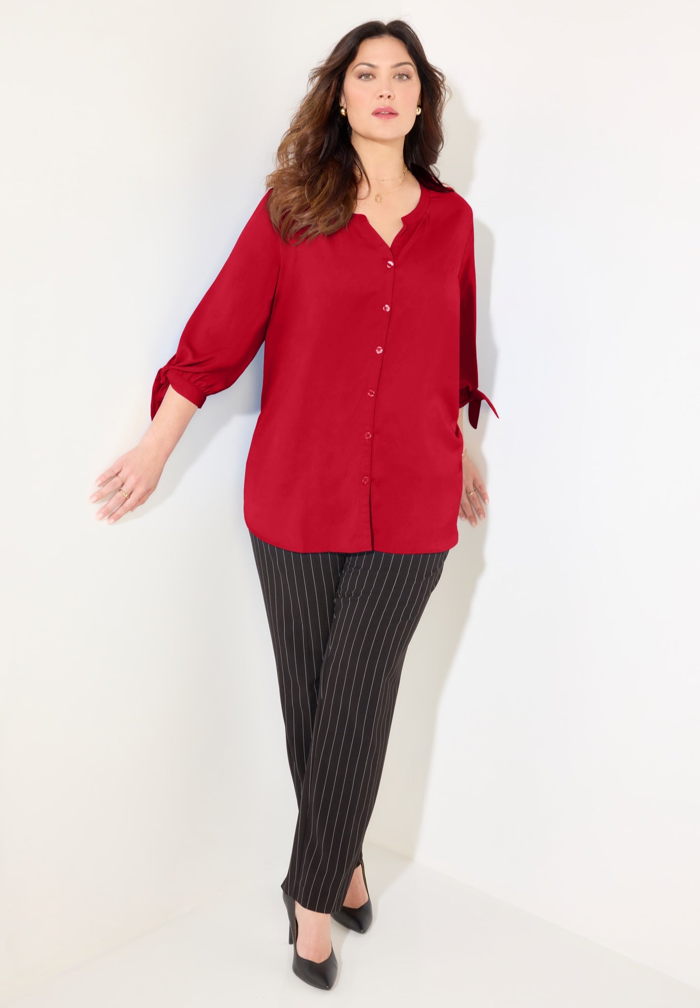 Georgette Buttonfront Tie Sleeve Cafe Blouse image number 0