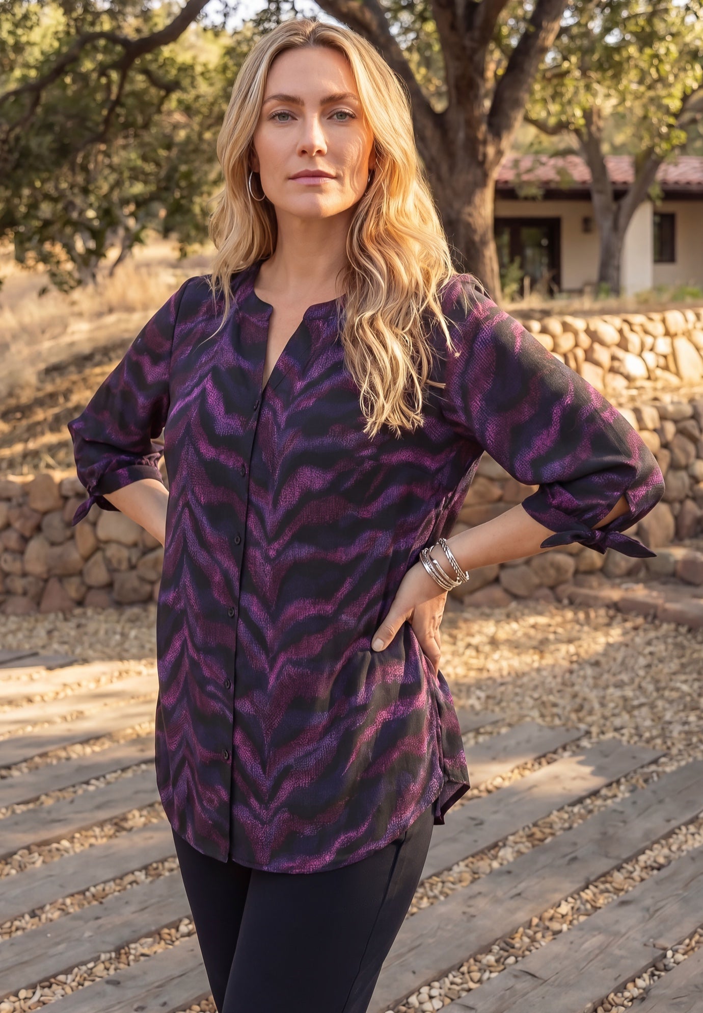 Georgette Buttonfront Tie Sleeve Cafe Blouse image number 0
