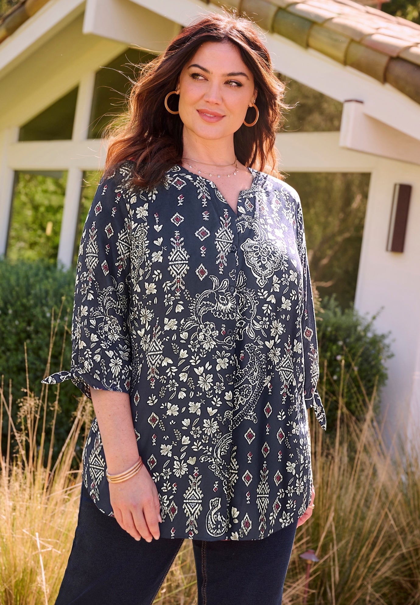 Georgette Buttonfront Tie Sleeve Cafe Blouse image number 0