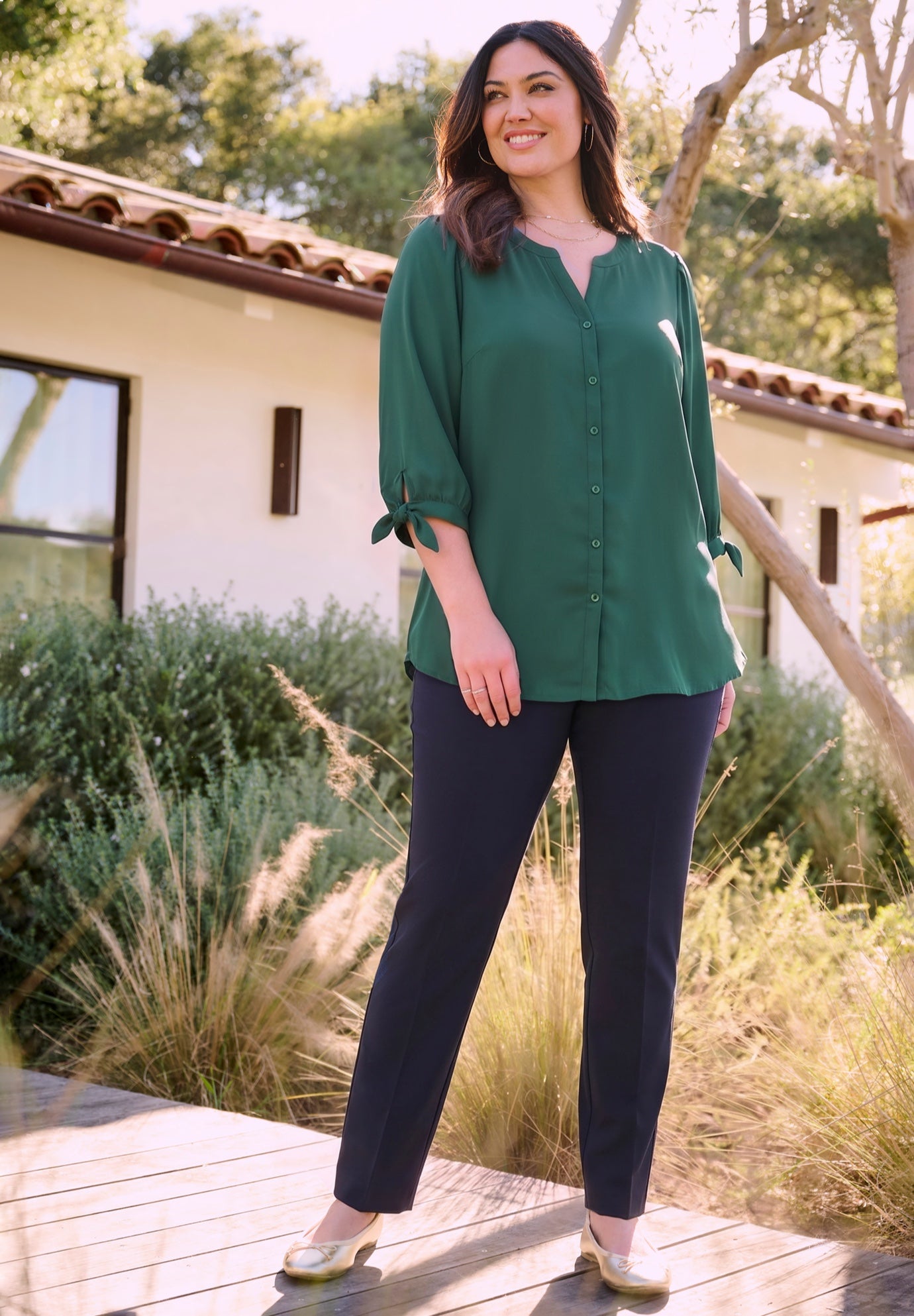 Georgette Buttonfront Tie Sleeve Cafe Blouse image number 0