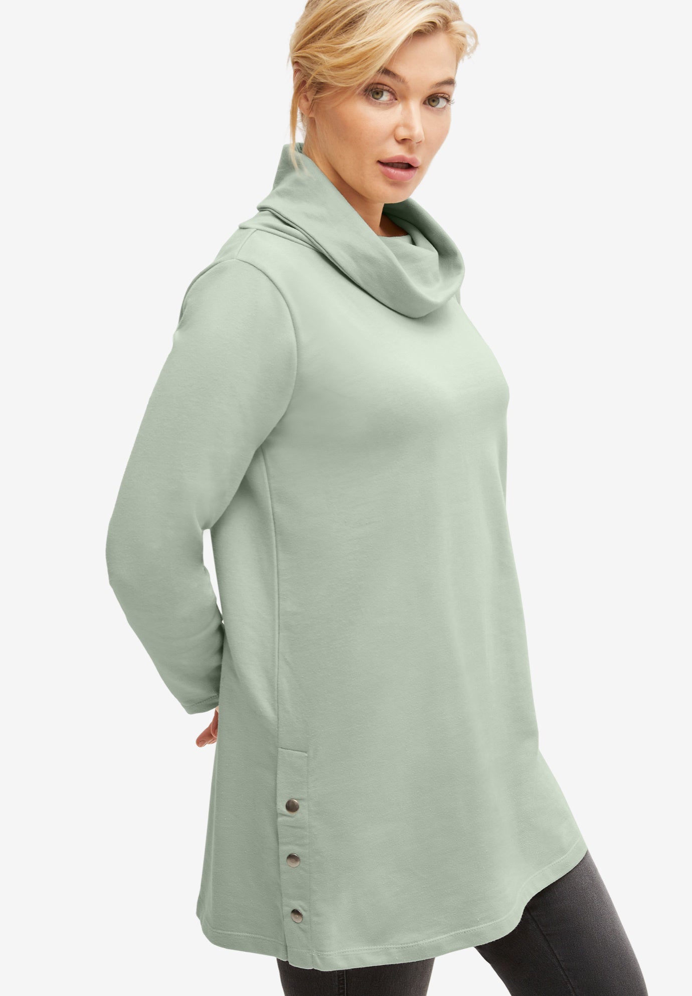 Side Snap Cowl Neck French Terry Sweatshirt Tunic image number 0