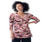 Stretch Knit V-neck 3/4 Sleeve Knot Front Tunic image number null