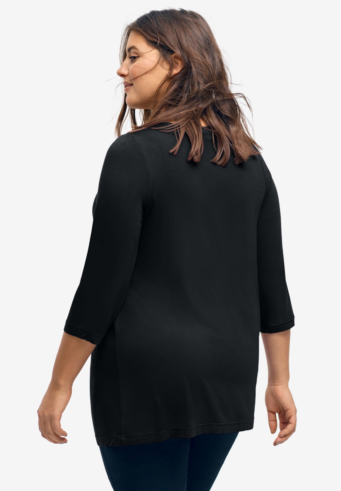 Stretch Knit V-neck 3/4 Sleeve Knot Front Tunic image number 1