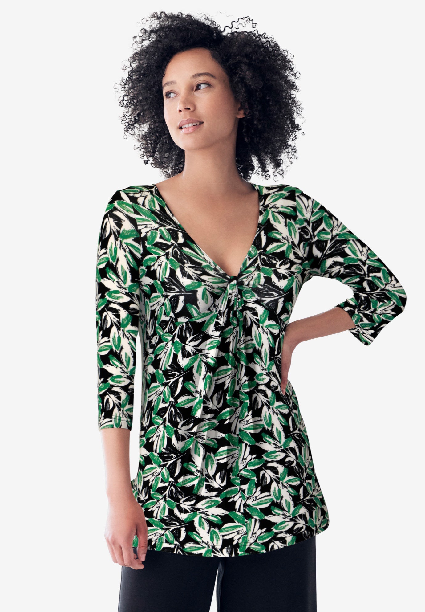 Stretch Knit V-neck 3/4 Sleeve Knot Front Tunic image number 0