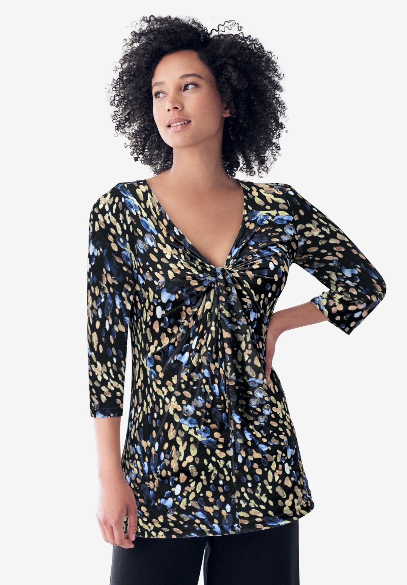 Stretch Knit V-neck 3/4 Sleeve Knot Front Tunic image number 0