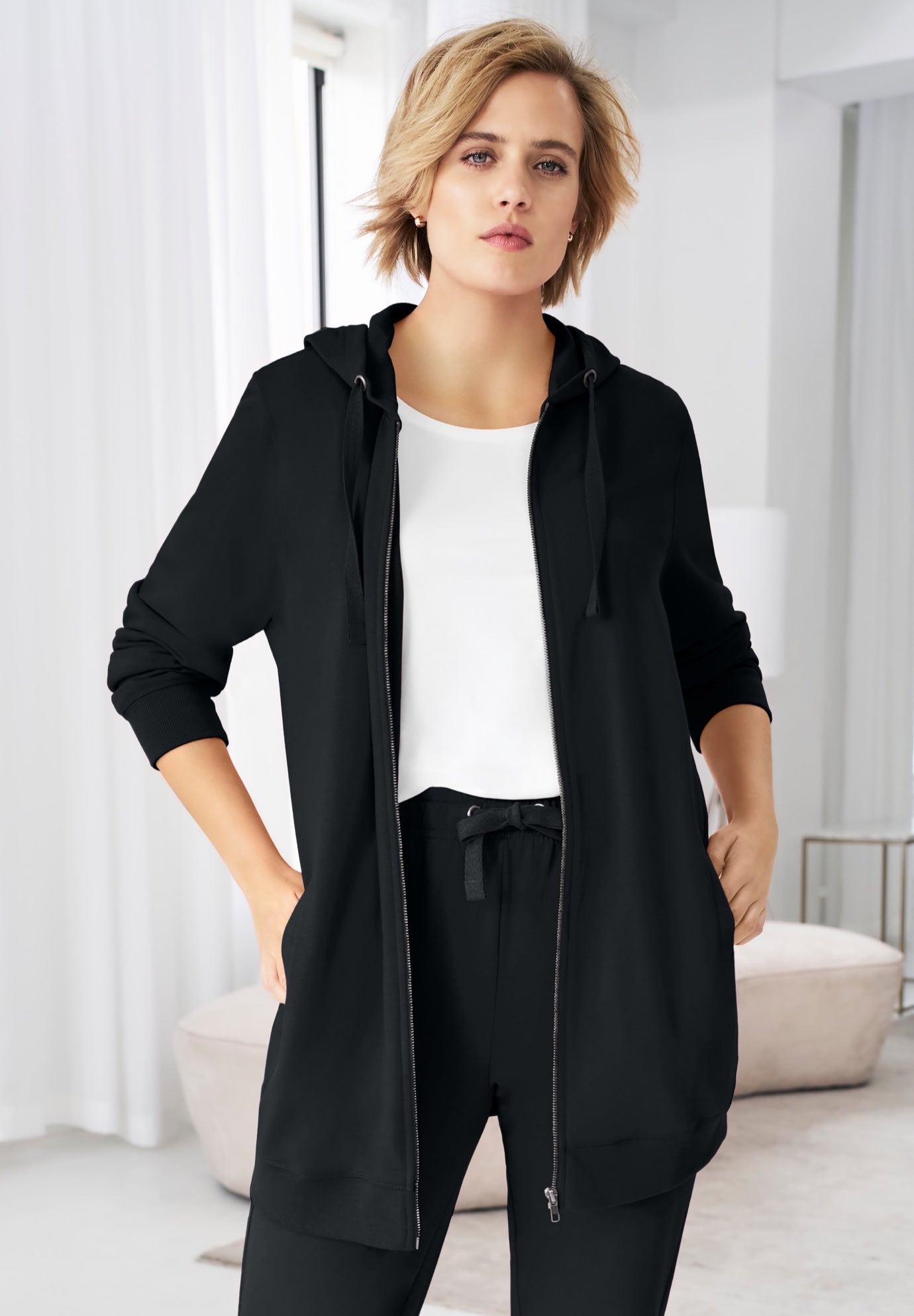 French Terry Long Sleeve Zip-Front Tunic Hoodie image number 0