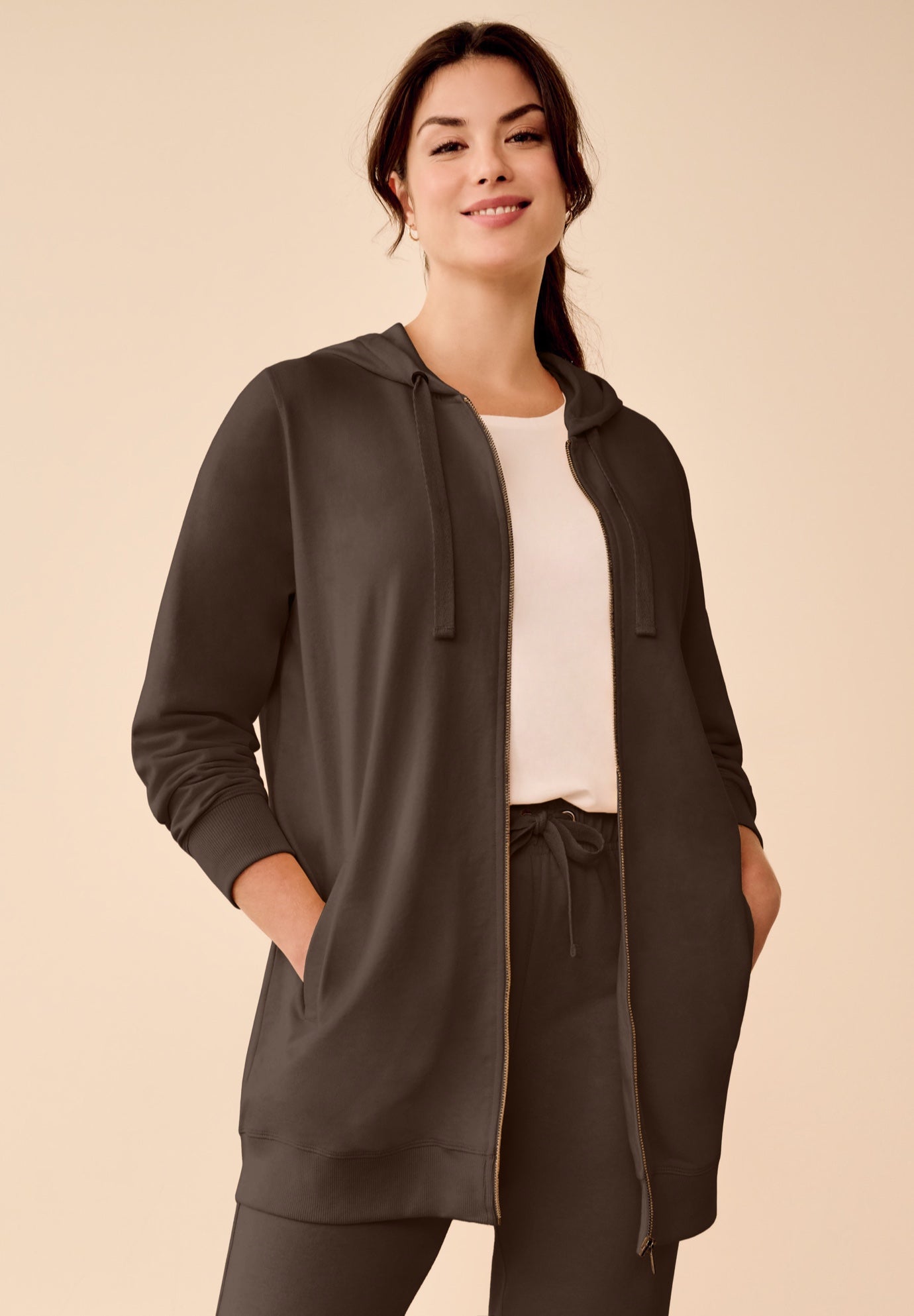 French Terry Long Sleeve Zip-Front Tunic Hoodie image number 0