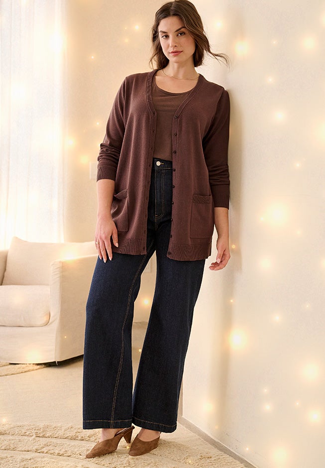V-Neck Button-Front 100% Cotton Boyfriend Cardigan image number 0