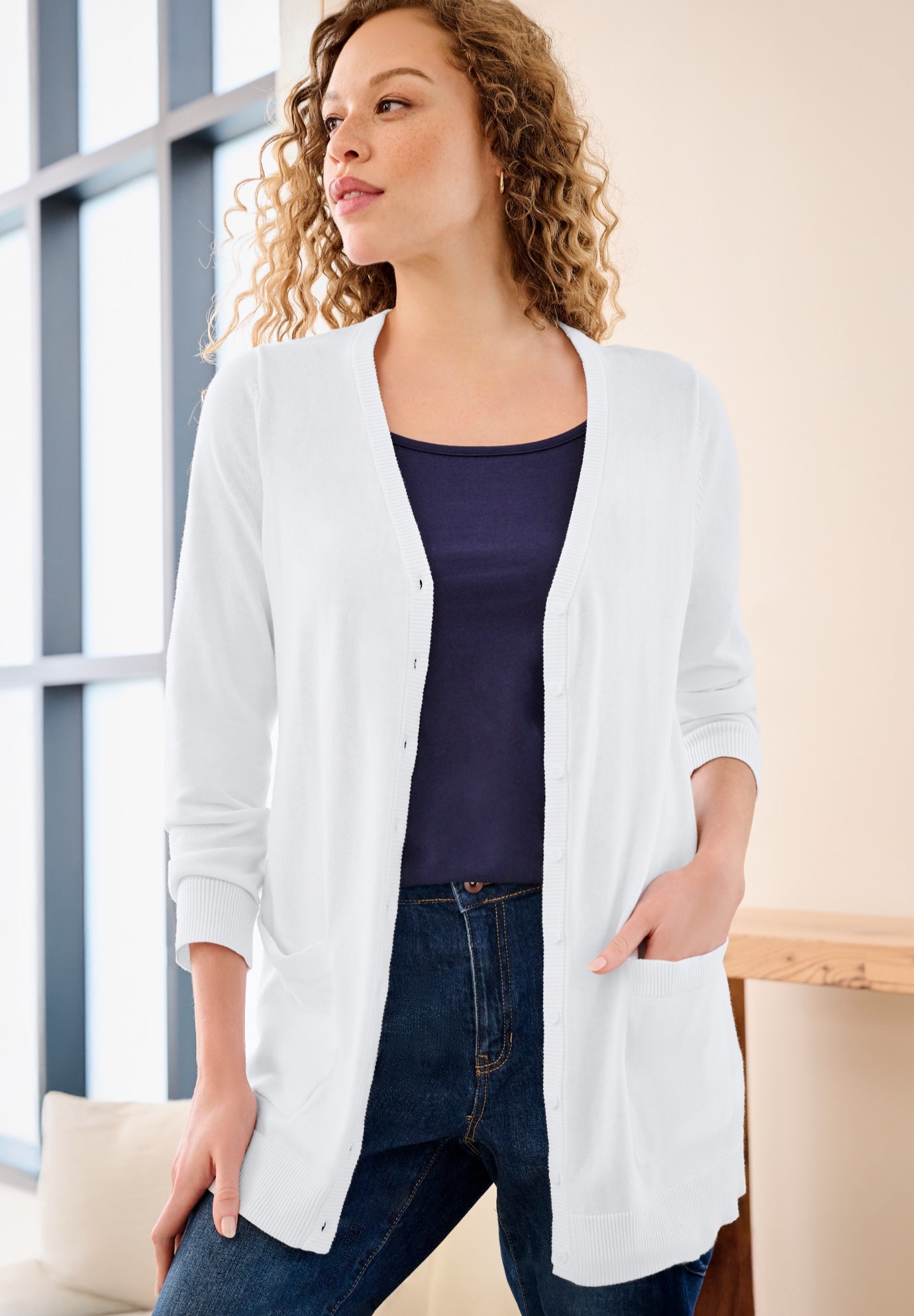 V-Neck Button-Front 100% Cotton Boyfriend Cardigan image number 0