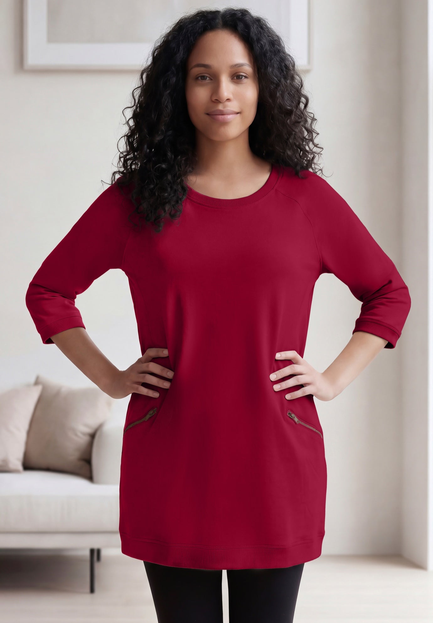 Ellos Studio French Terry Zip-Pocket Long Sleeve Scoopneck Tunic image number 0