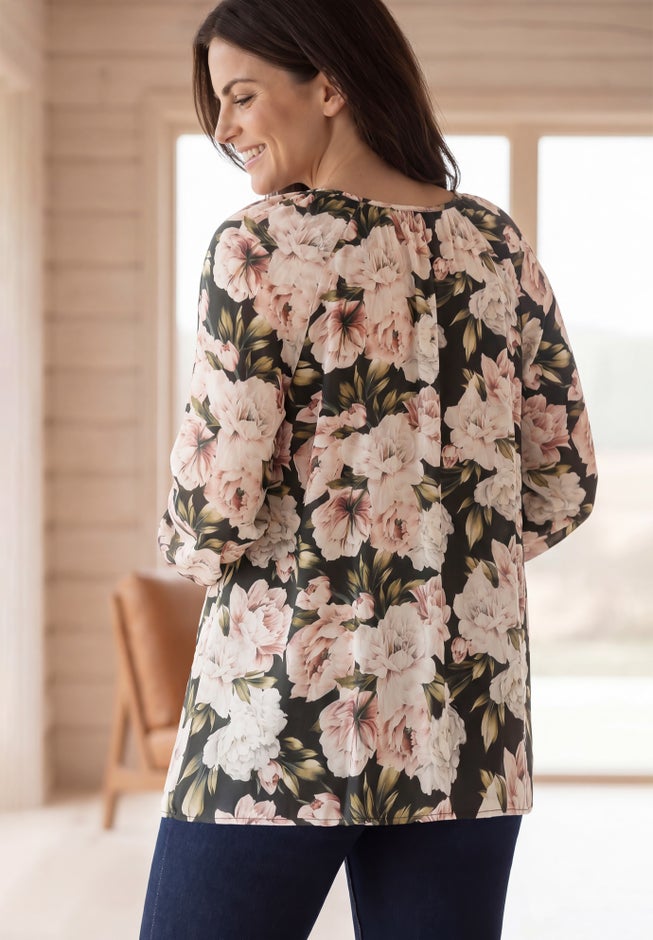 A-Line Long Sleeve Peasant Tunic with Tie-Neck Keyhole Neckline image number 1