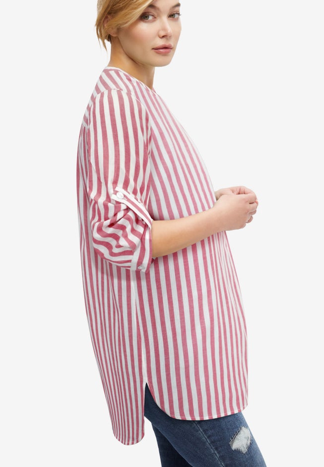 Three-Quarter Sleeve Roll Tab Relaxed Fit 100% Cotton Henley Tunic image number 1