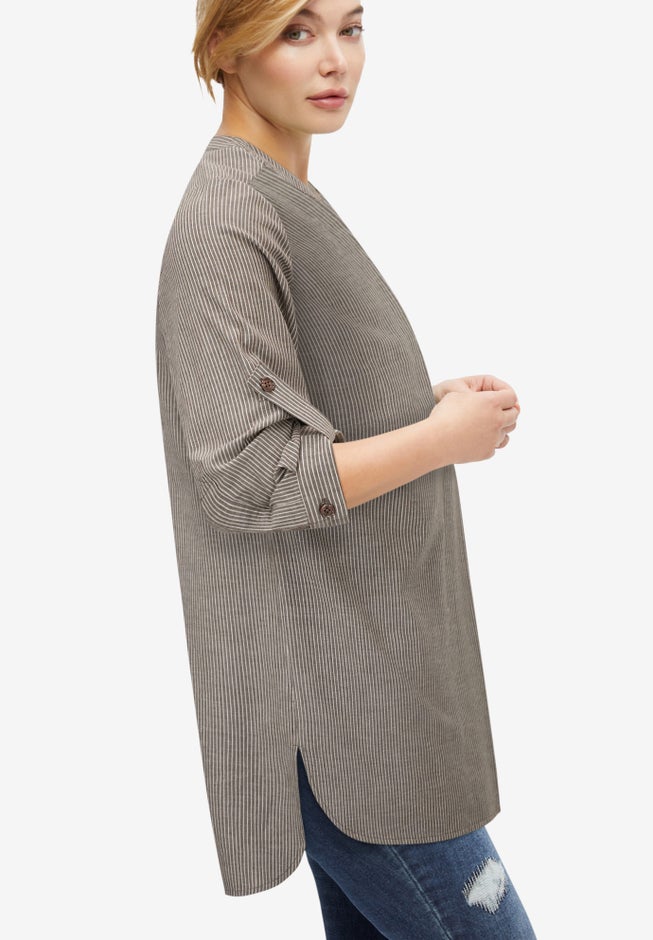 Three-Quarter Sleeve Roll Tab Relaxed Fit 100% Cotton Henley Tunic image number 1