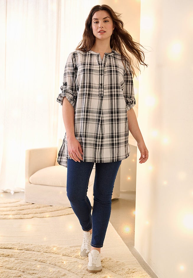 Three-Quarter Sleeve Roll Tab Relaxed Fit 100% Cotton Henley Tunic image number 0