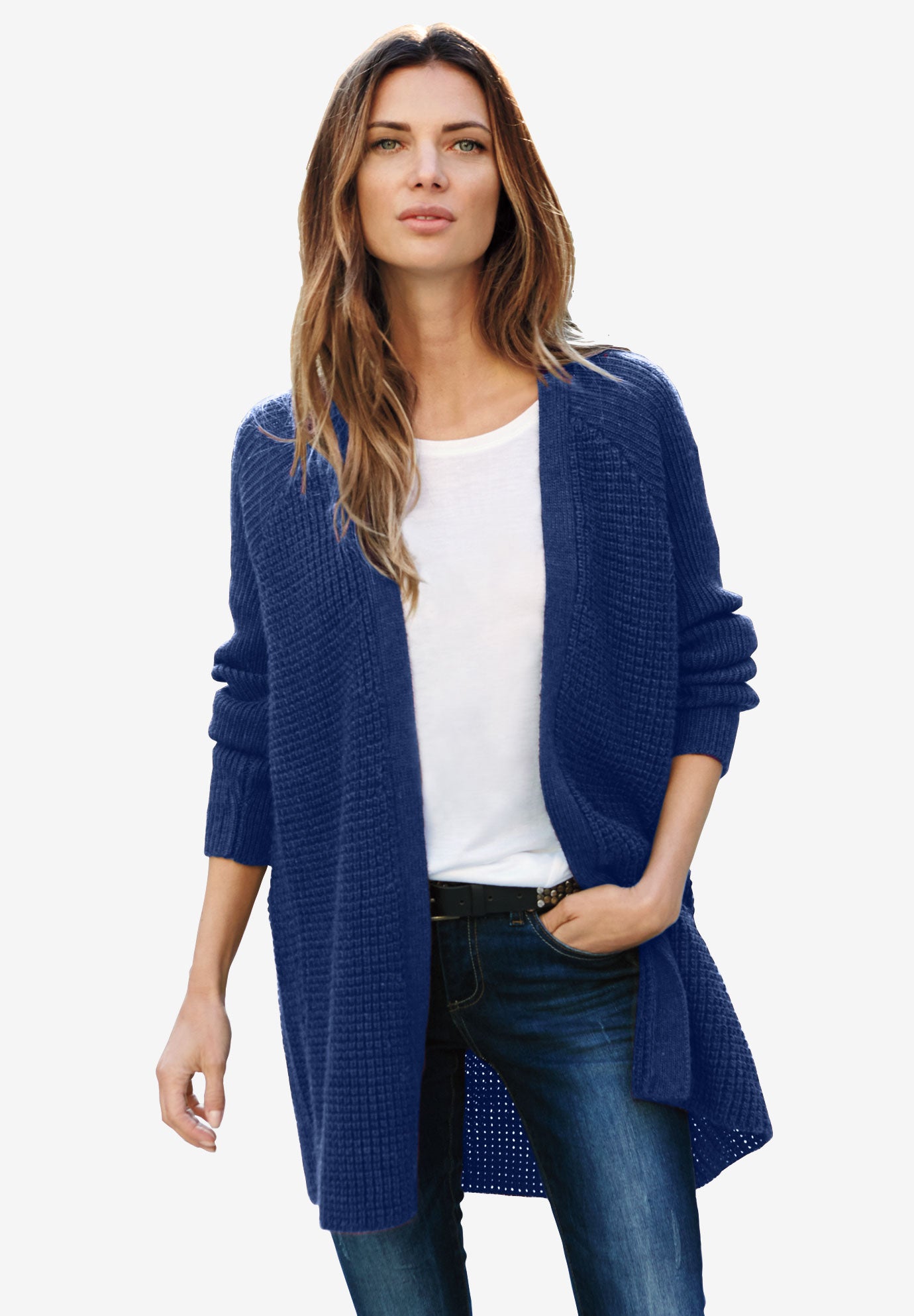 Open Front Long Ribbed Sleeve Waffle Cardigan image number 0