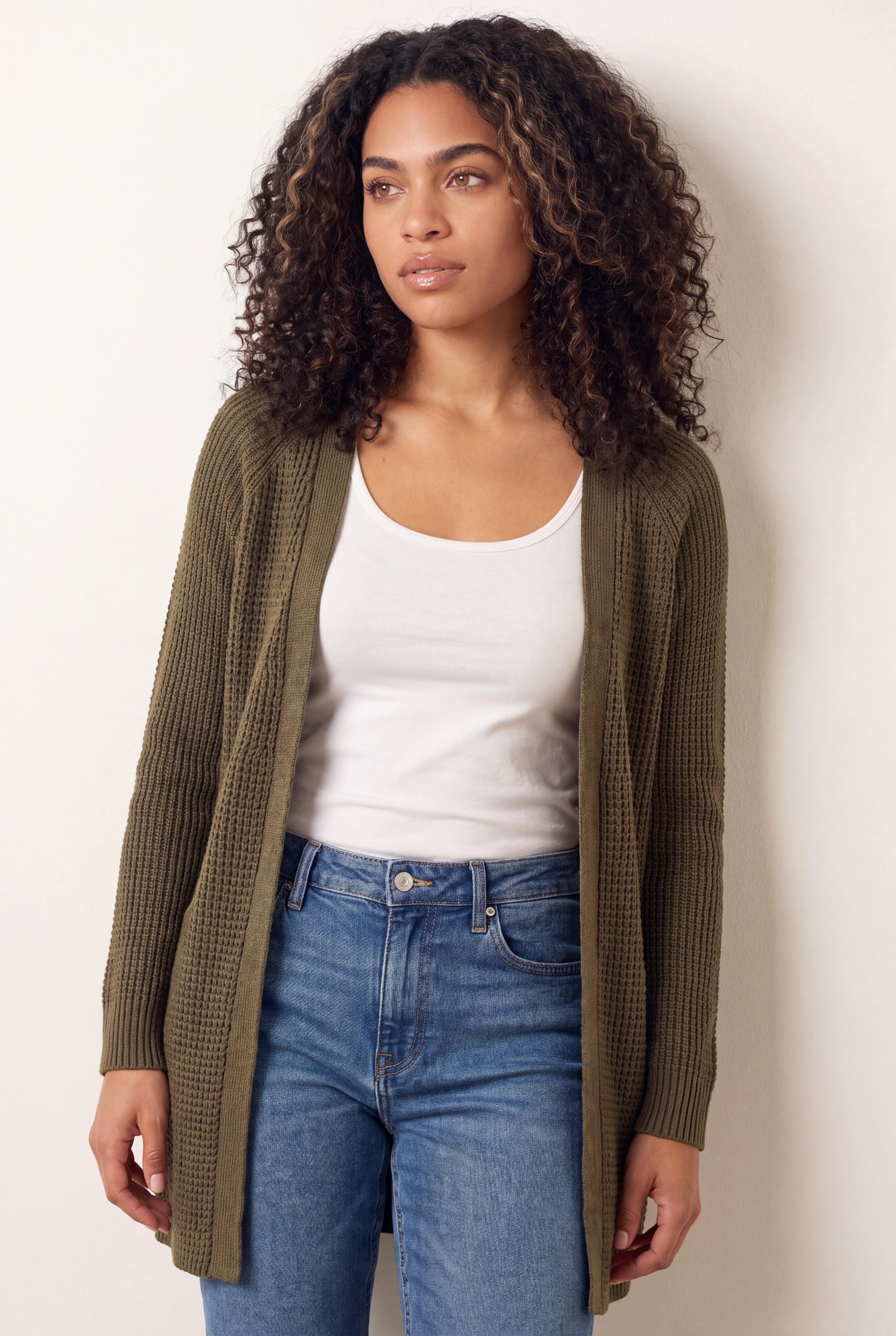 Open Front Long Ribbed Sleeve Waffle Cardigan image number 0