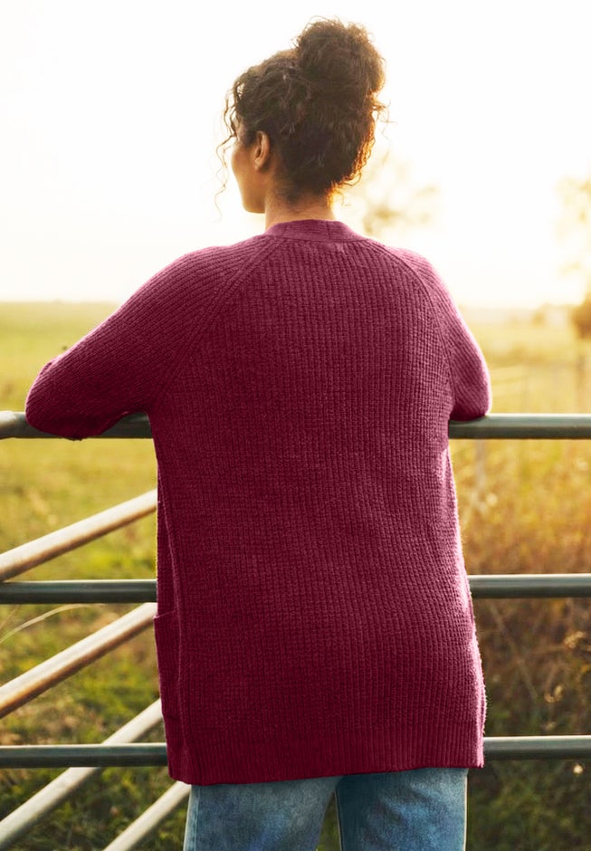 Open Front Long Ribbed Sleeve Waffle Cardigan image number 1