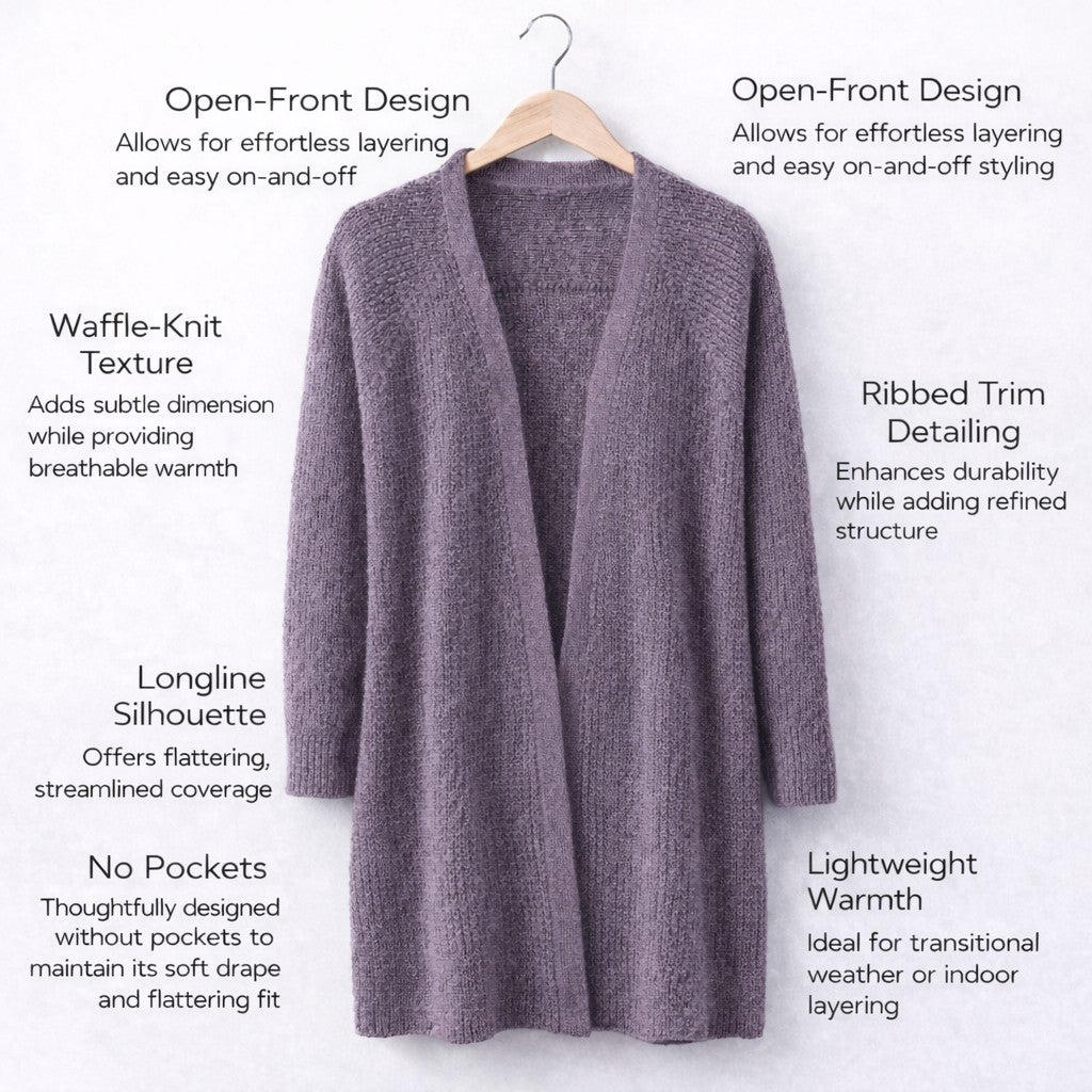 Open Front Long Ribbed Sleeve Waffle Cardigan image number 3