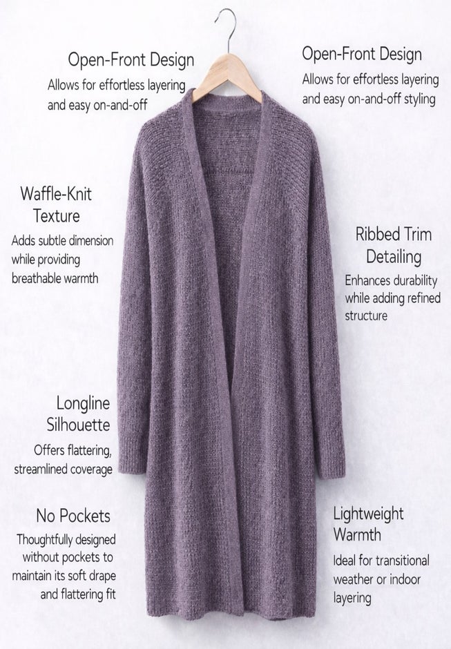 Open Front Long Ribbed Sleeve Waffle Cardigan image number 3