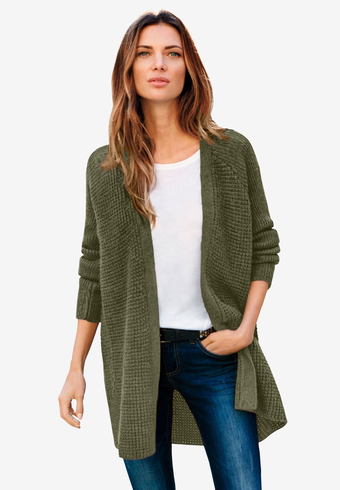 Open Front Long Ribbed Sleeve Waffle Cardigan image number 0