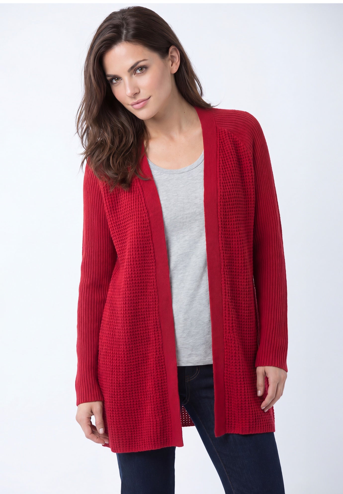 Open Front Long Ribbed Sleeve Waffle Cardigan image number 0