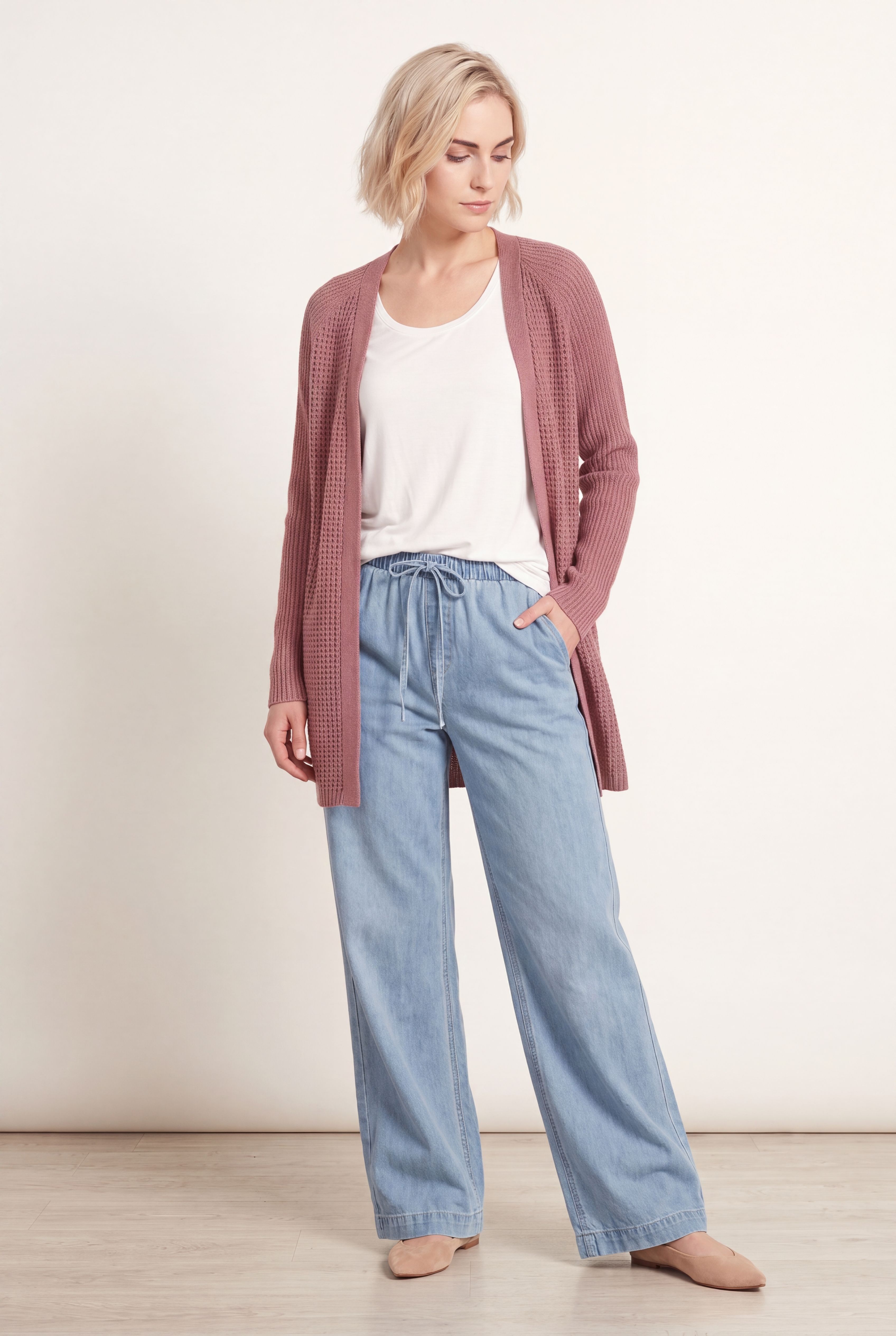 Open Front Long Ribbed Sleeve Waffle Cardigan image number 0