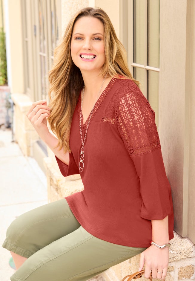 Knit Gauze Crochet 3/4 Sleeve Top image number 1