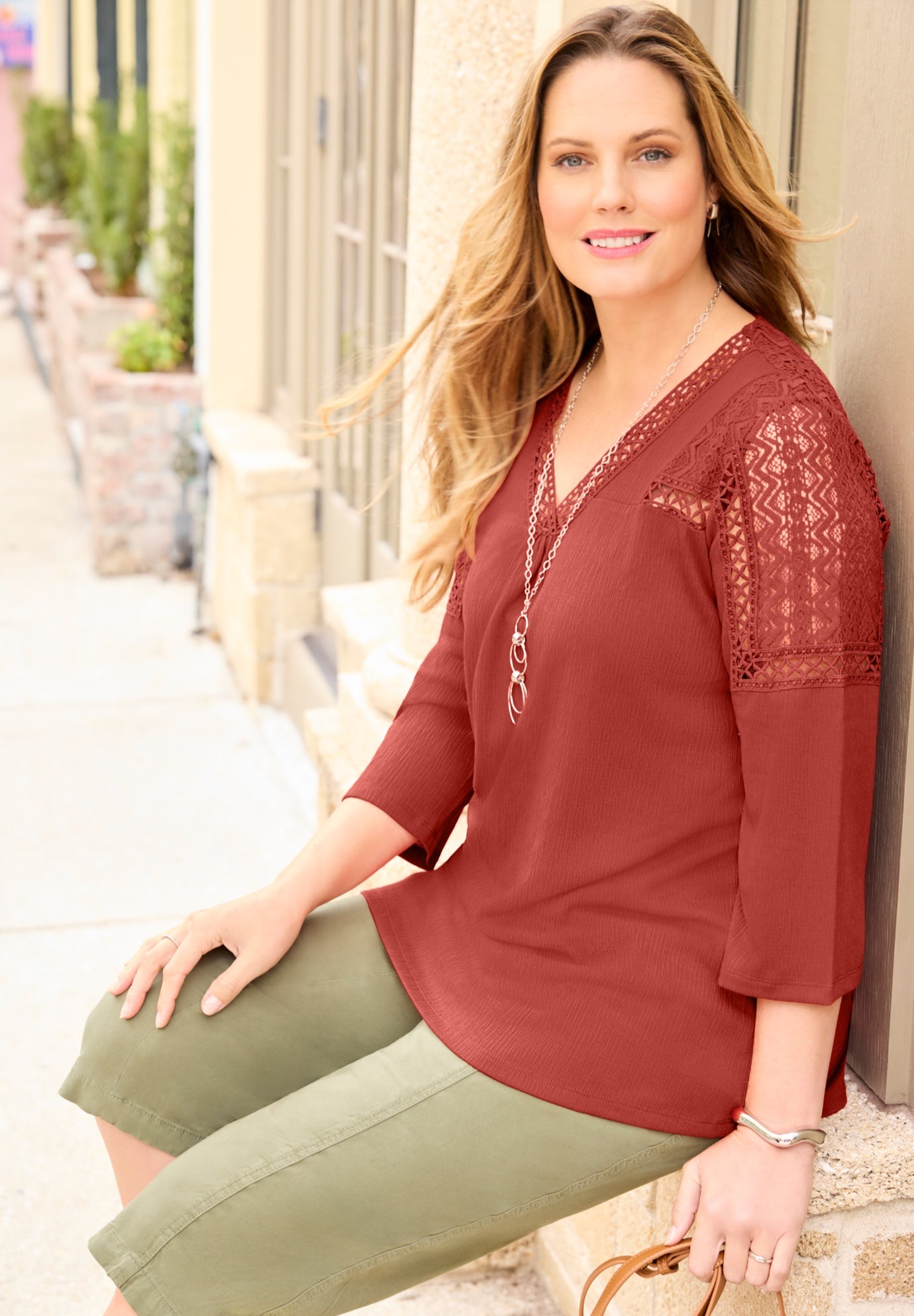 Knit Gauze Crochet 3/4 Sleeve Top image number 2