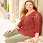 Knit Gauze Crochet 3/4 Sleeve Top image number null