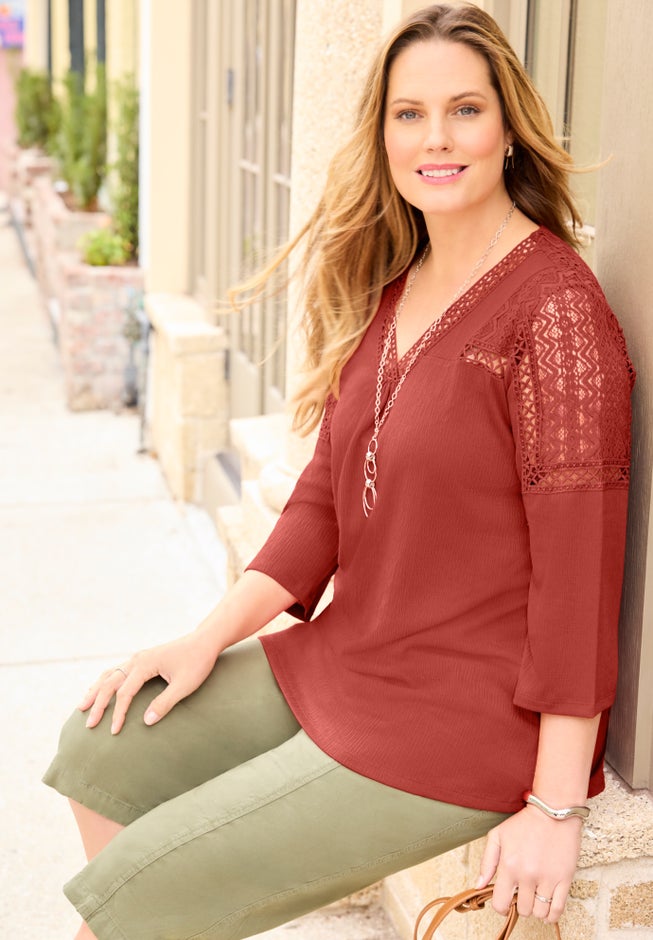 Knit Gauze Crochet 3/4 Sleeve Top image number 2