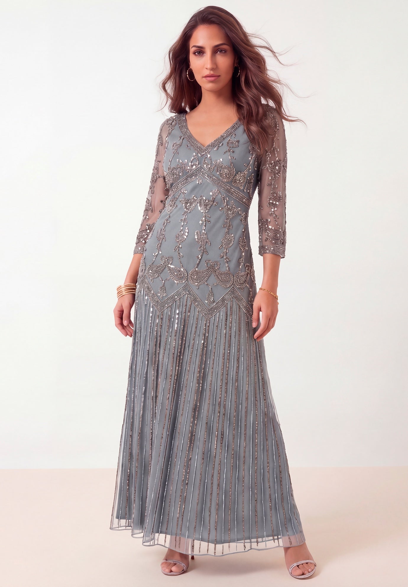 Plus Size Beaded V-Neck 3/4 Sleeve Sleeve Maxi Gown image number 0