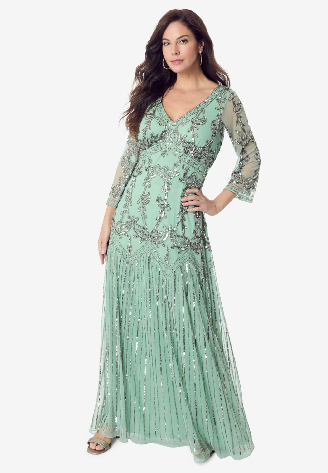 Plus Size Beaded V-Neck 3/4 Sleeve Sleeve Maxi Gown image number 0